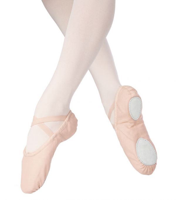 Pink ballet shoe on model's feet